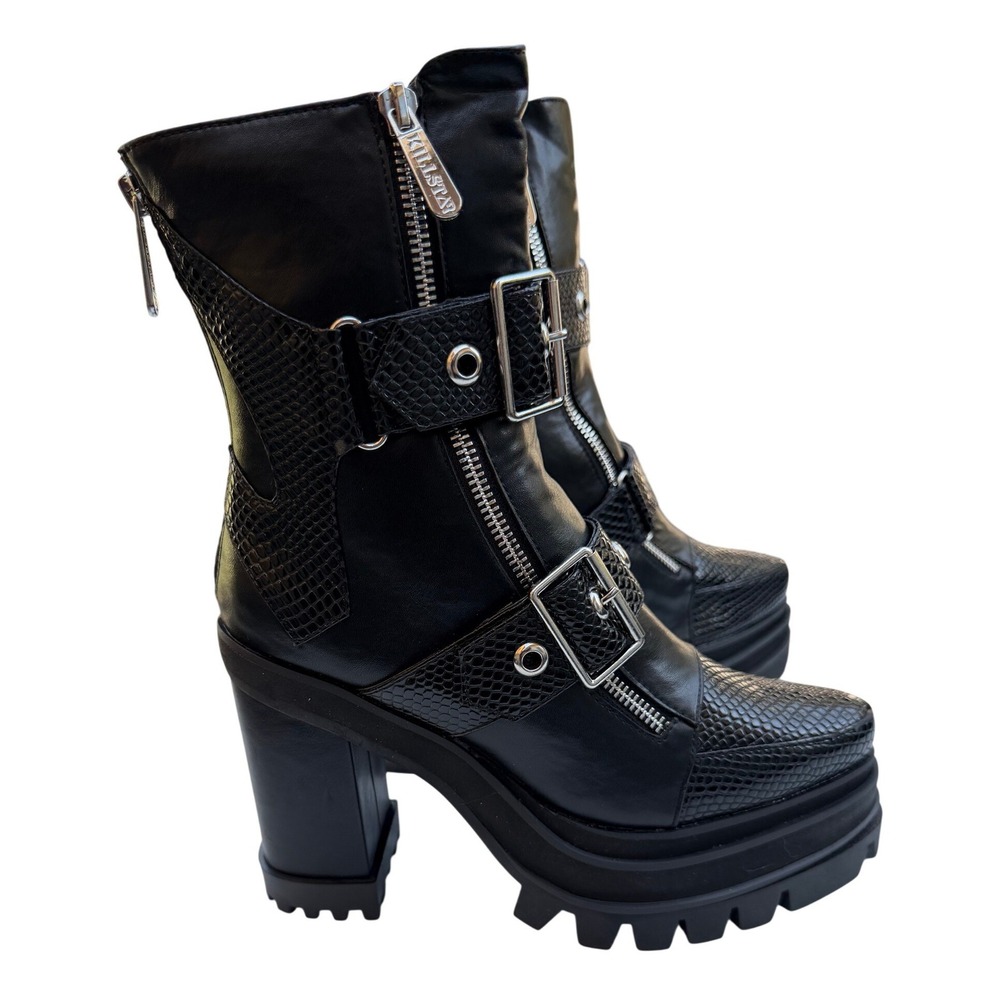 Killstar Black Snakeskin Platform Boots Buckle Zip Gothic Mid Calf Womens 6